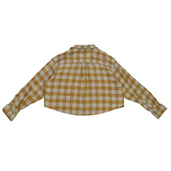 American Eagle Womens Yellow & White Plaid Cropped Button-Up Shirt L. - Picture 2 of 8